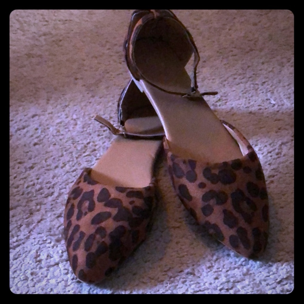 NEVER WORN leopard print flats with ankle straps